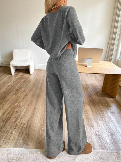Valentina Off-Shoulder Knit Sweater and Wide Leg Pants Set - Grey