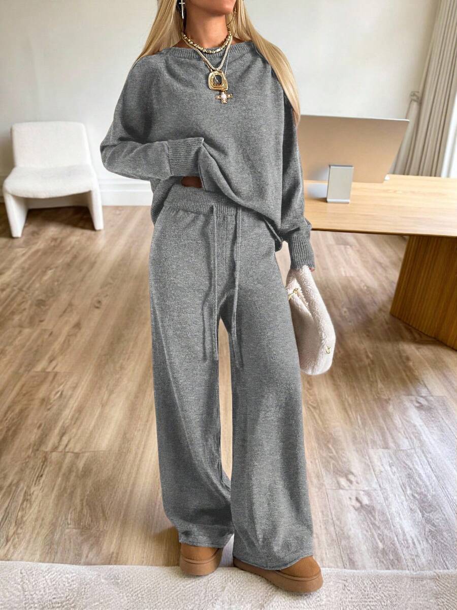 Valentina Off-Shoulder Knit Sweater and Wide Leg Pants Set - Grey