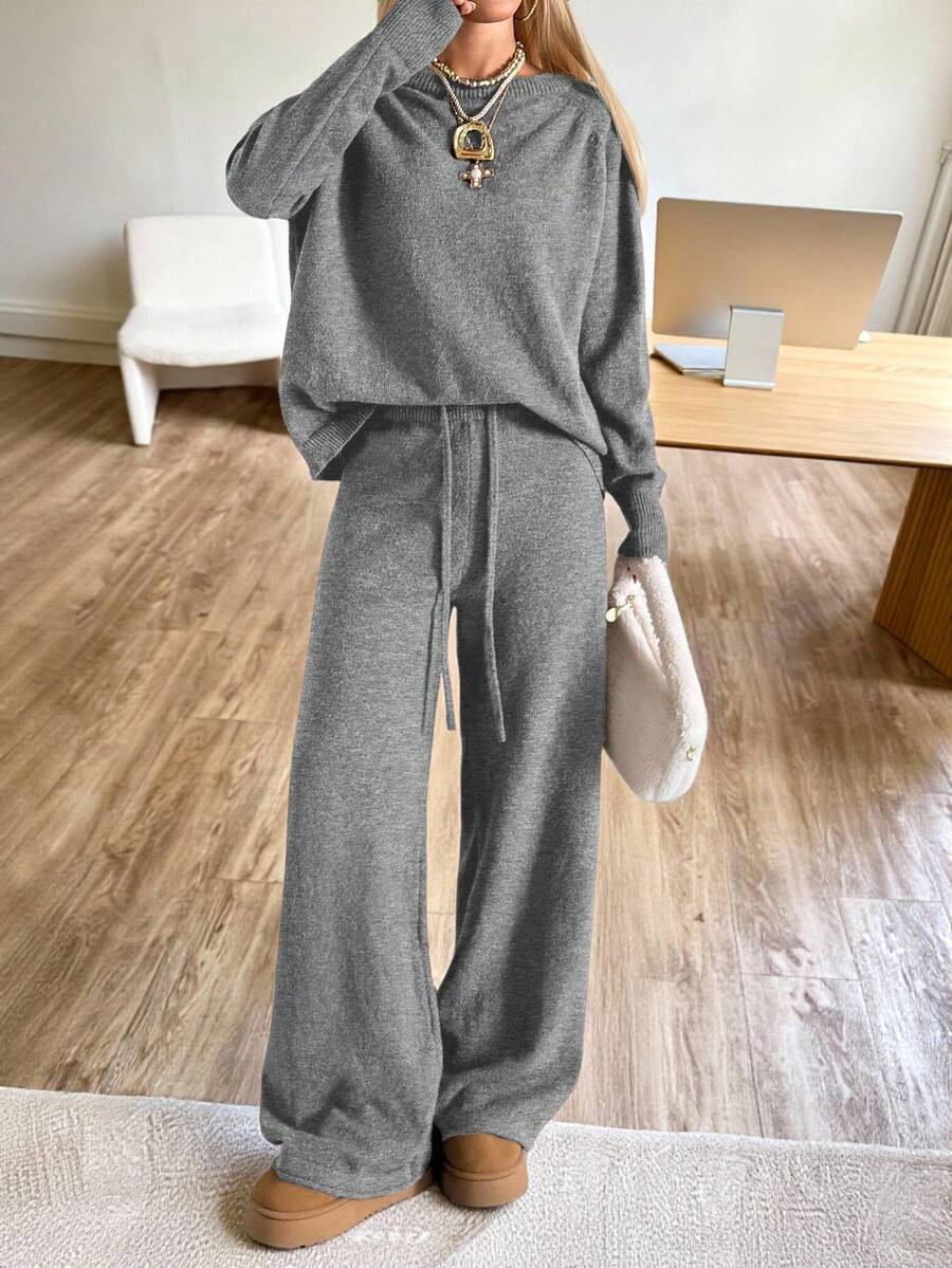 Valentina Off-Shoulder Knit Sweater and Wide Leg Pants Set - Grey