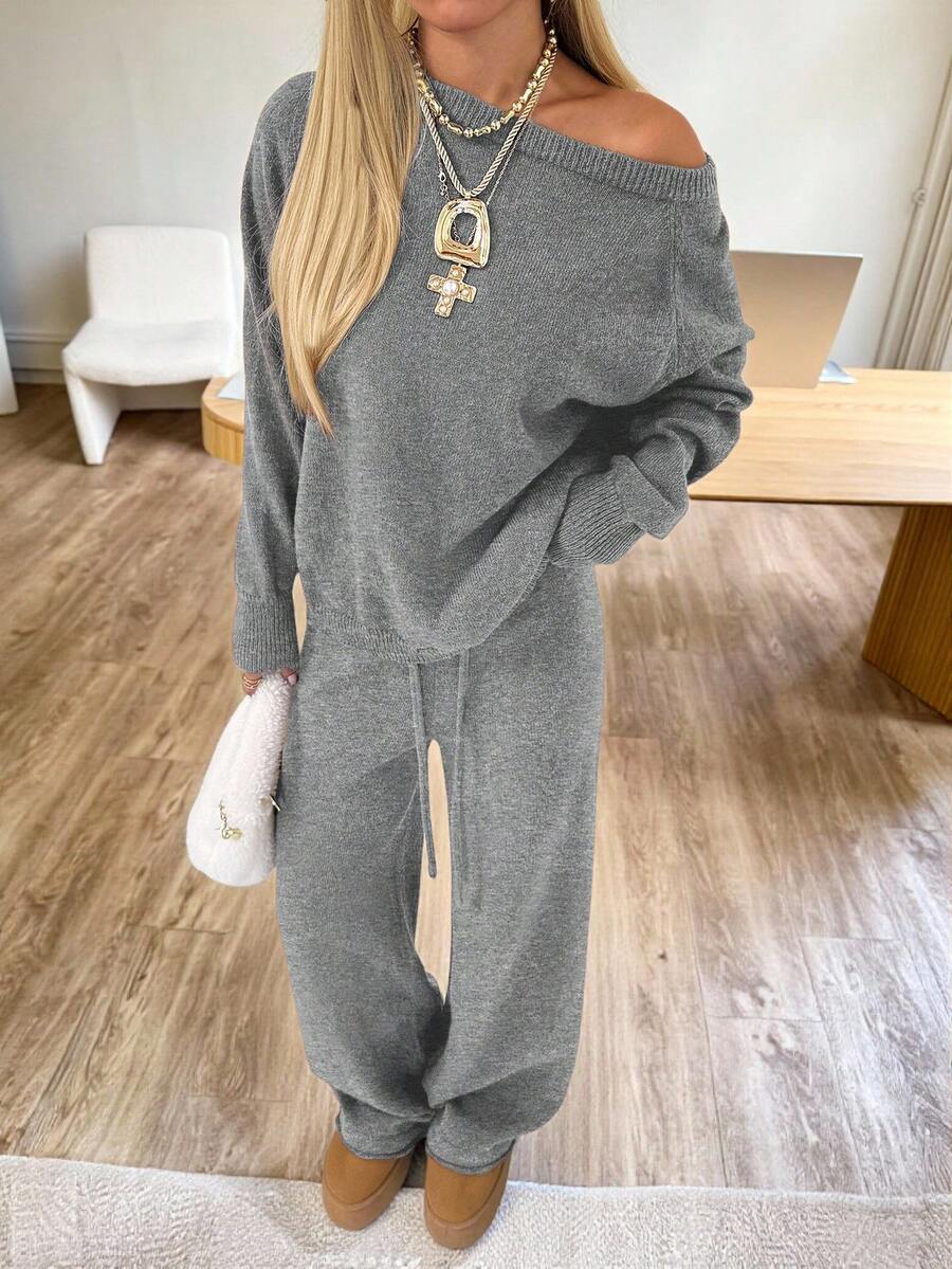 Valentina Off-Shoulder Knit Sweater and Wide Leg Pants Set - Grey