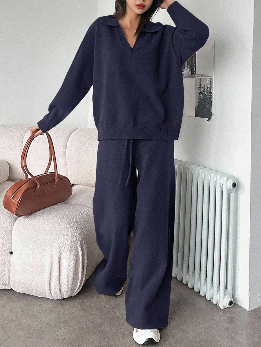 Women's Collared Knit Sweater and Wide Leg Pants Set, Two Piece Matching Outfit for Fall - Navy Blue