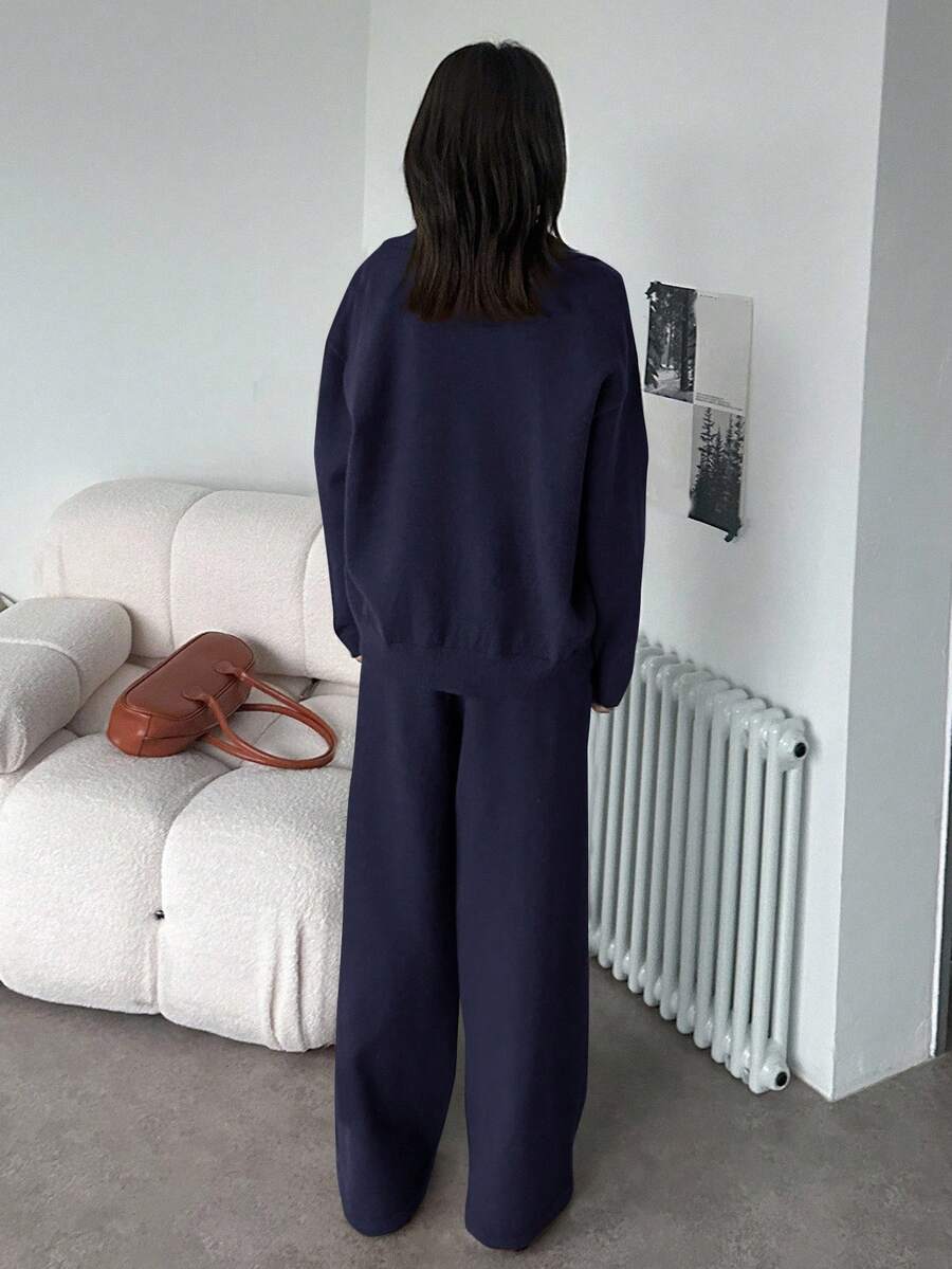 Women's Collared Knit Sweater and Wide Leg Pants Set, Two Piece Matching Outfit for Fall - Black