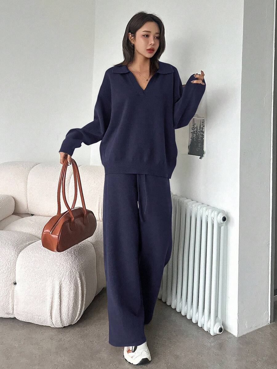 Women's Collared Knit Sweater and Wide Leg Pants Set, Two Piece Matching Outfit for Fall - Camel
