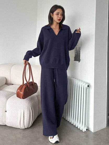 Women's Collared Knit Sweater and Wide Leg Pants Set, Two Piece Matching Outfit for Fall - Camel