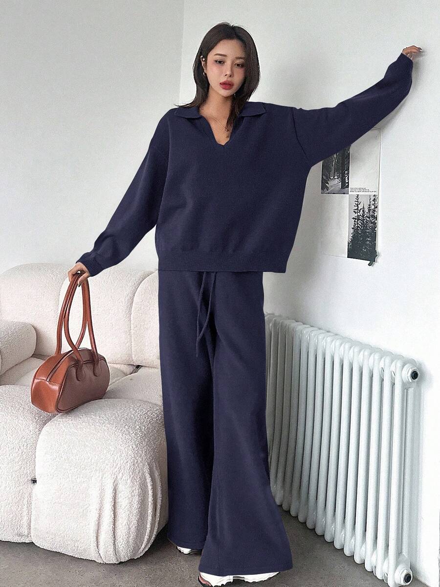 Women's Collared Knit Sweater and Wide Leg Pants Set, Two Piece Matching Outfit for Fall - Navy Blue