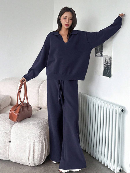 Women's Collared Knit Sweater and Wide Leg Pants Set, Two Piece Matching Outfit for Fall - Navy Blue