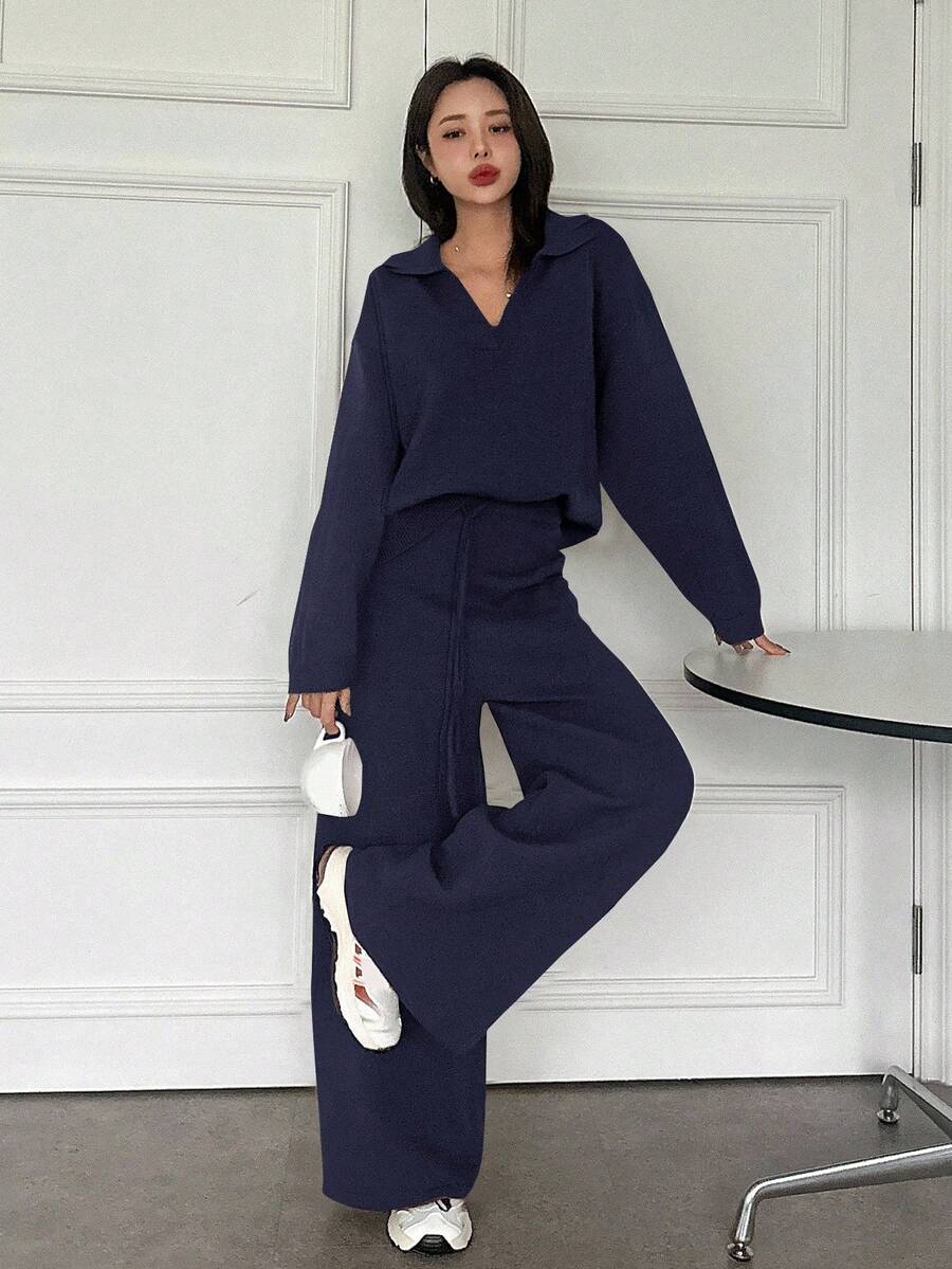 Women's Collared Knit Sweater and Wide Leg Pants Set, Two Piece Matching Outfit for Fall - Black