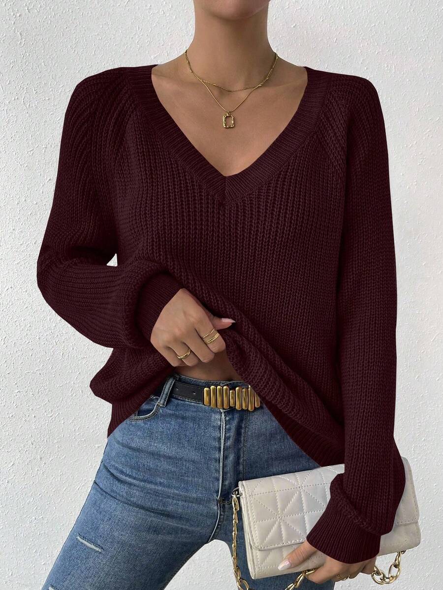Aarhus V Neck Raglan Sleeve Ribbed Knit Sweater - Chocolate Brown