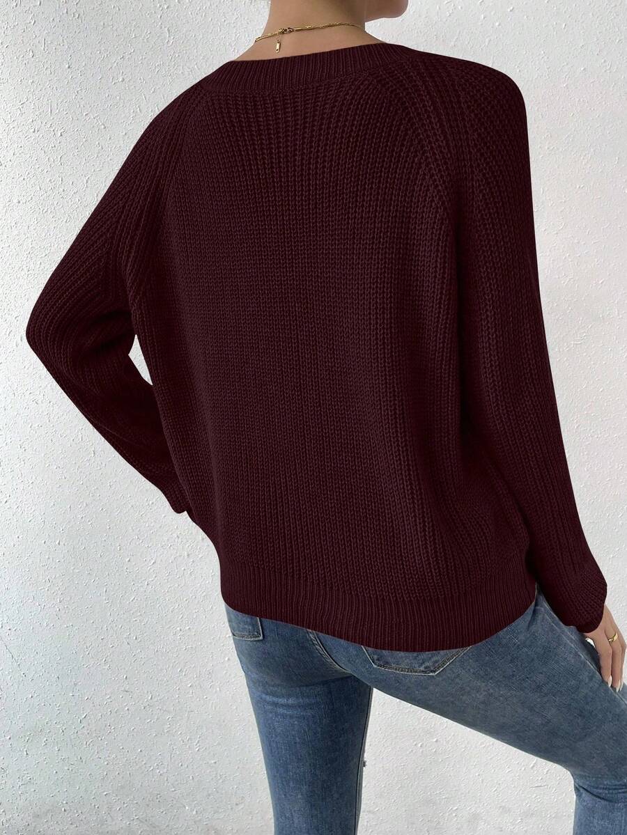 Aarhus V Neck Raglan Sleeve Ribbed Knit Sweater