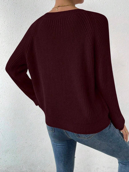 Aarhus V Neck Raglan Sleeve Ribbed Knit Sweater