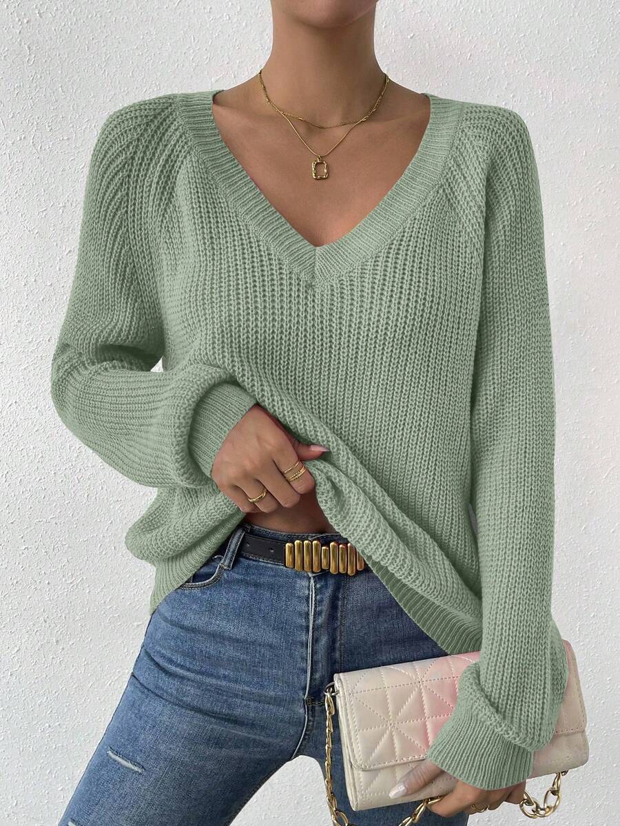 Aarhus V Neck Raglan Sleeve Ribbed Knit Sweater - Green