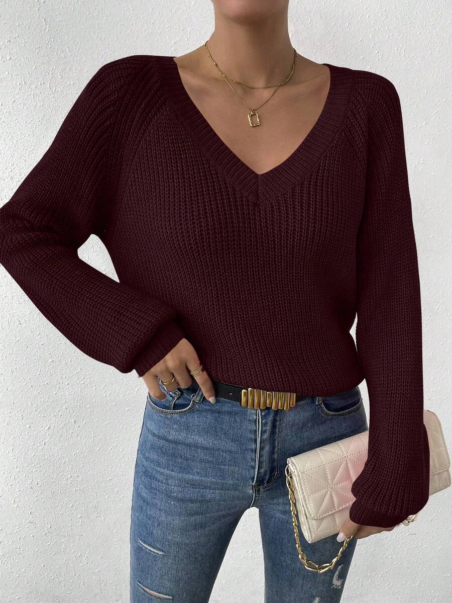 Aarhus V Neck Raglan Sleeve Ribbed Knit Sweater