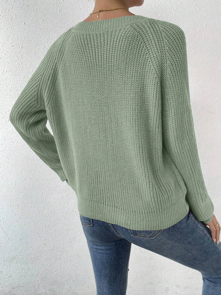 Aarhus V Neck Raglan Sleeve Ribbed Knit Sweater