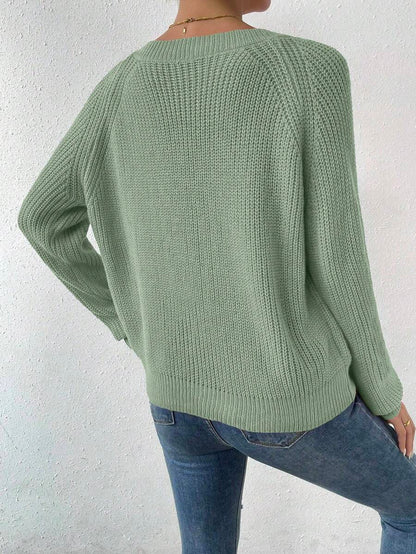 Aarhus V Neck Raglan Sleeve Ribbed Knit Sweater