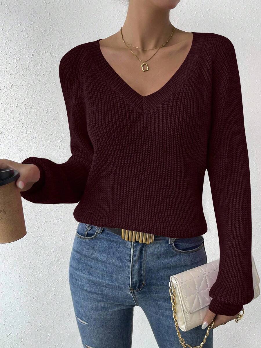 Aarhus V Neck Raglan Sleeve Ribbed Knit Sweater