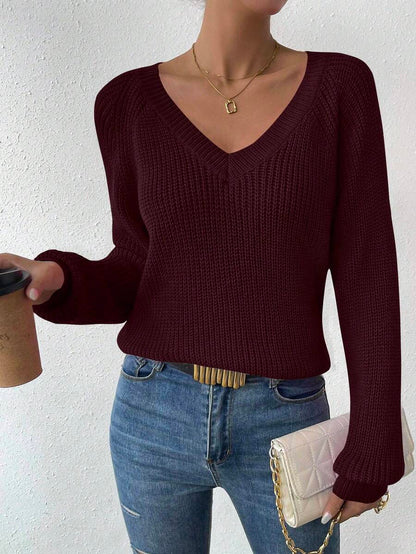 Aarhus V Neck Raglan Sleeve Ribbed Knit Sweater