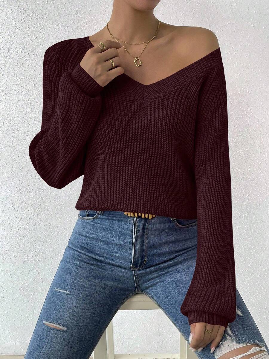 Aarhus V Neck Raglan Sleeve Ribbed Knit Sweater