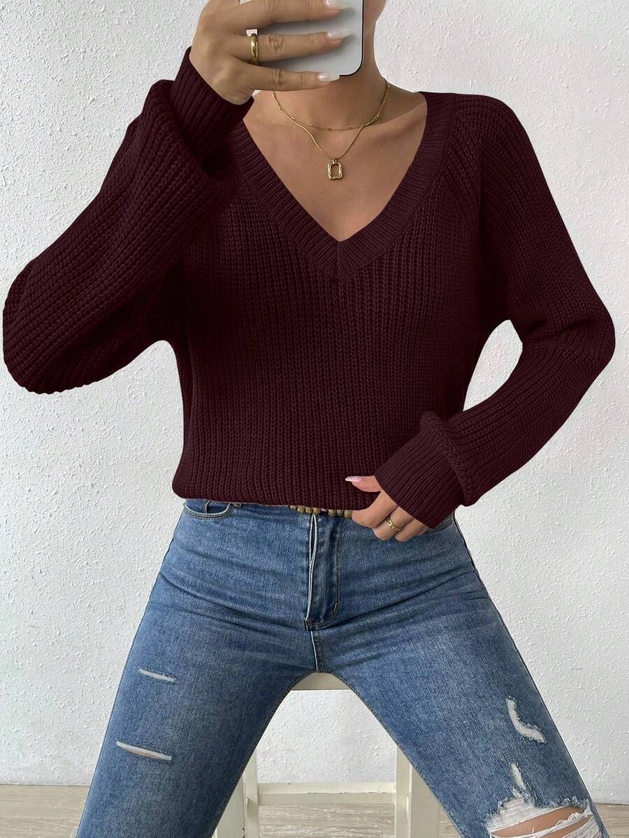 Aarhus V Neck Raglan Sleeve Ribbed Knit Sweater