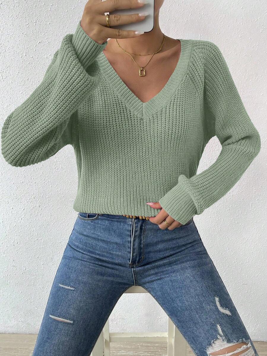 Aarhus V Neck Raglan Sleeve Ribbed Knit Sweater