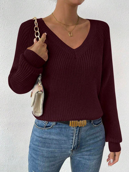 Aarhus V Neck Raglan Sleeve Ribbed Knit Sweater
