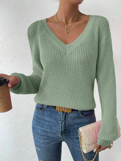 Aarhus V Neck Raglan Sleeve Ribbed Knit Sweater