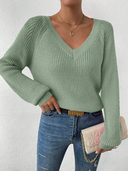 Aarhus V Neck Raglan Sleeve Ribbed Knit Sweater