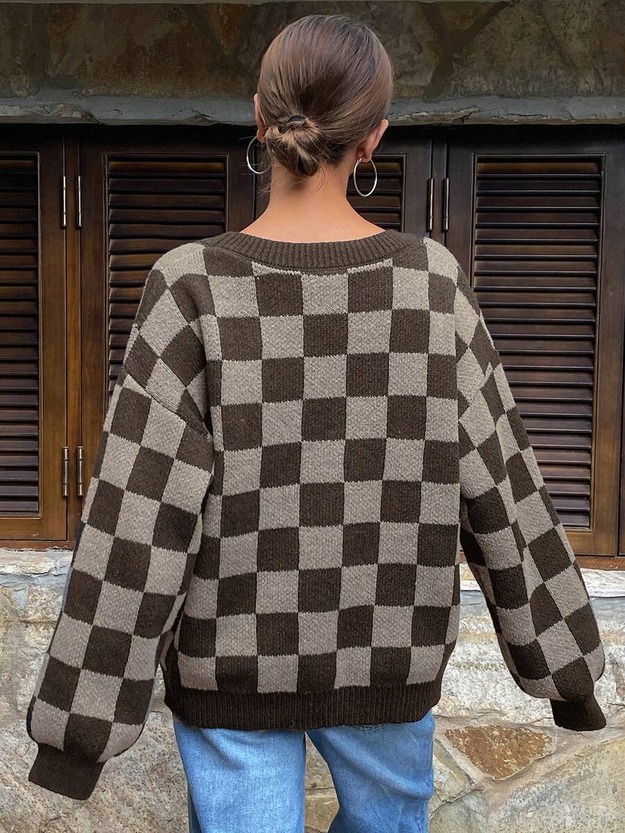 Waverly Checkerboard Knit Cardigan - Brown