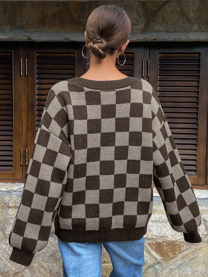 Waverly Checkerboard Knit Cardigan - Brown
