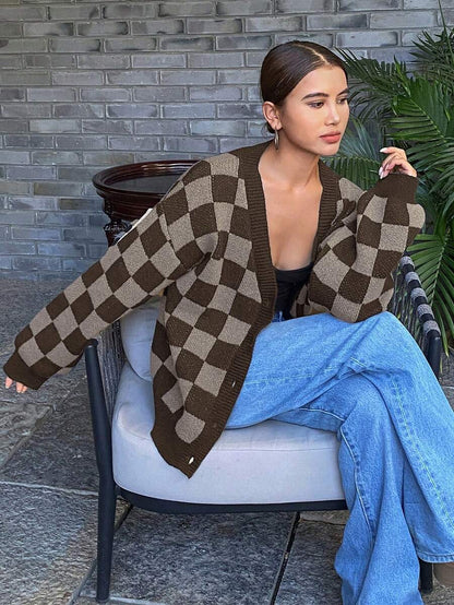 Waverly Checkerboard Knit Cardigan - Brown