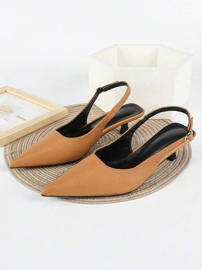 Women's Pointed Toe Slingback Mid Heel Pumps, Glossy Faux Leather Buckle Strap Kitten Heels for Work