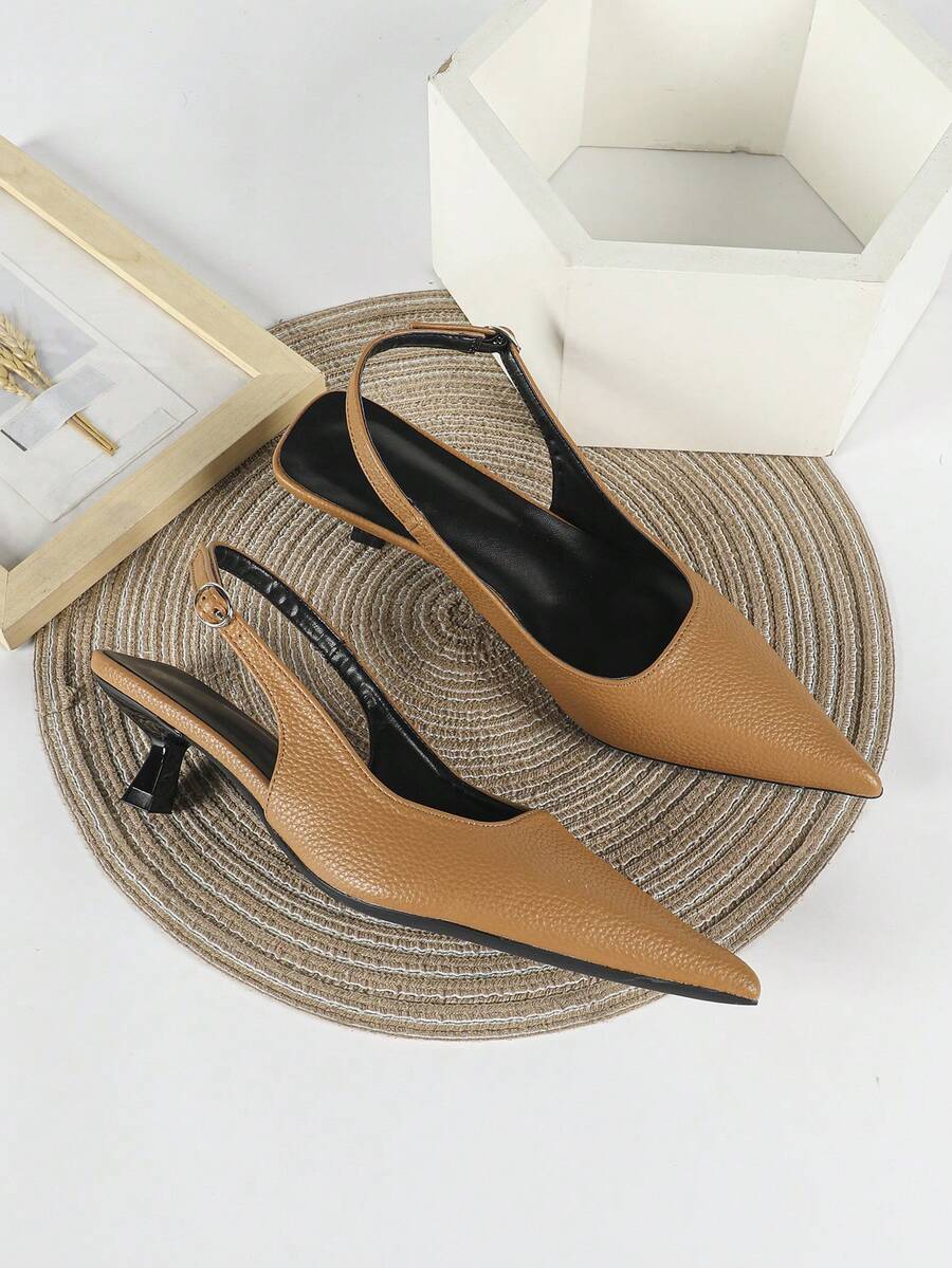 Women's Pointed Toe Slingback Mid Heel Pumps, Glossy Faux Leather Buckle Strap Kitten Heels for Work