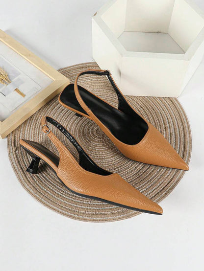 Women's Pointed Toe Slingback Mid Heel Pumps, Glossy Faux Leather Buckle Strap Kitten Heels for Work