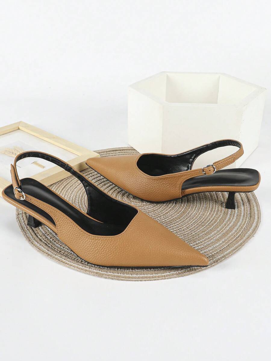Women's Pointed Toe Slingback Mid Heel Pumps, Glossy Faux Leather Buckle Strap Kitten Heels for Work