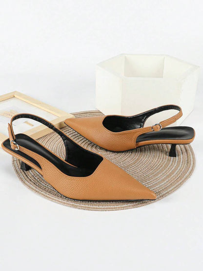 Women's Pointed Toe Slingback Mid Heel Pumps, Glossy Faux Leather Buckle Strap Kitten Heels for Work