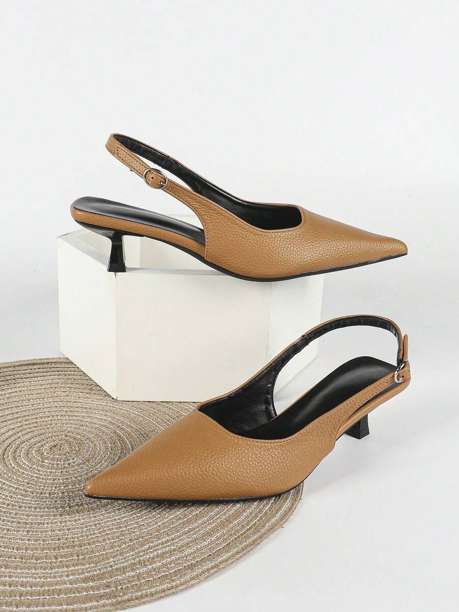 Women's Pointed Toe Slingback Mid Heel Pumps, Glossy Faux Leather Buckle Strap Kitten Heels for Work