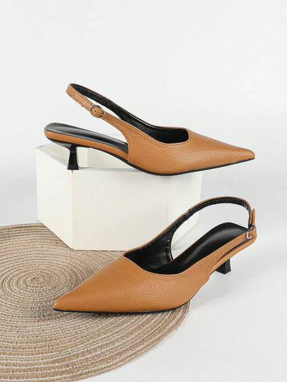 Women's Pointed Toe Slingback Mid Heel Pumps, Glossy Faux Leather Buckle Strap Kitten Heels for Work