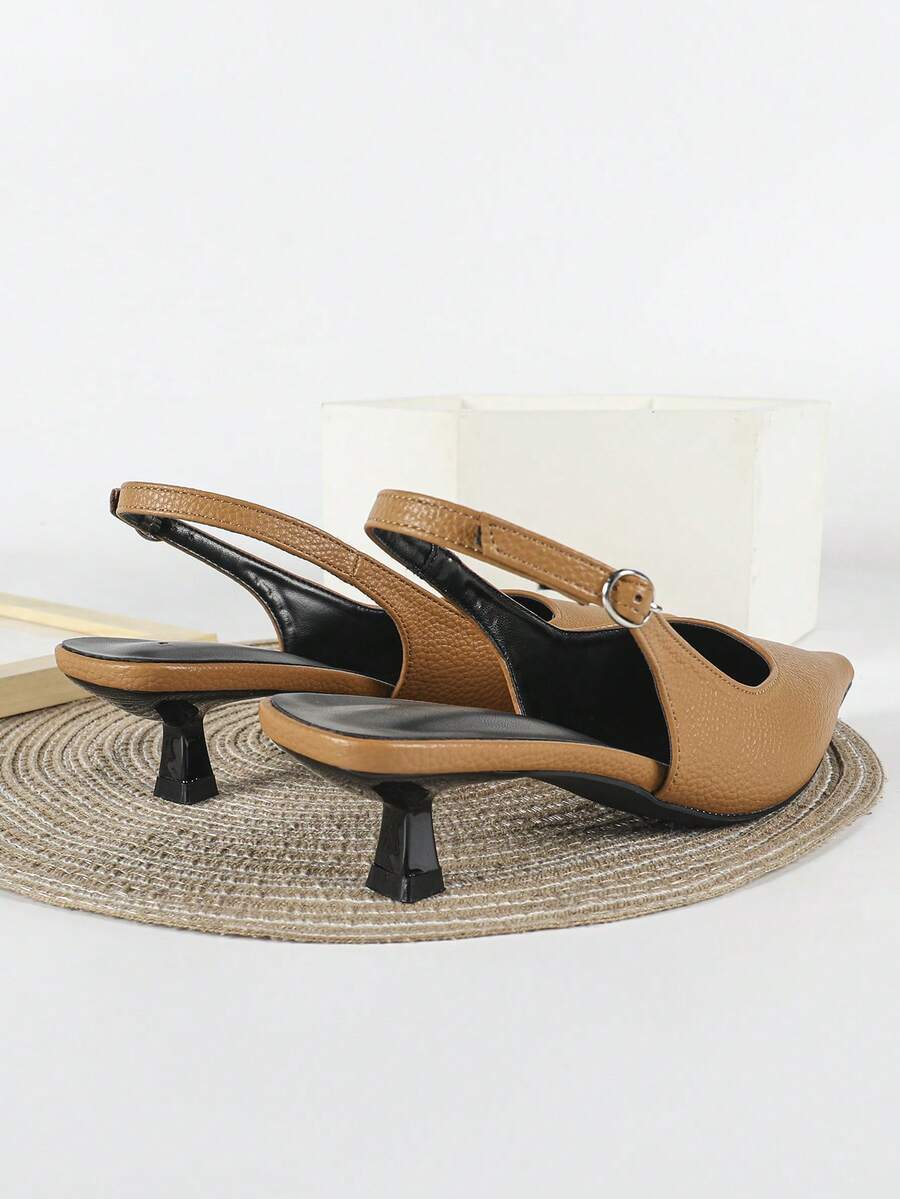 Women's Pointed Toe Slingback Mid Heel Pumps, Glossy Faux Leather Buckle Strap Kitten Heels for Work