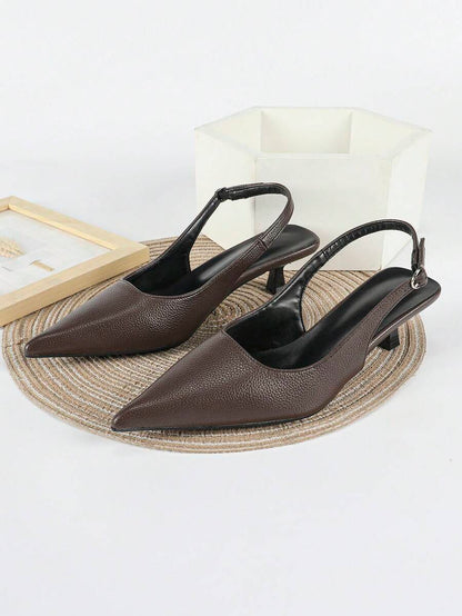 Women's Pointed Toe Slingback Mid Heel Pumps, Glossy Faux Leather Buckle Strap Kitten Heels for Work