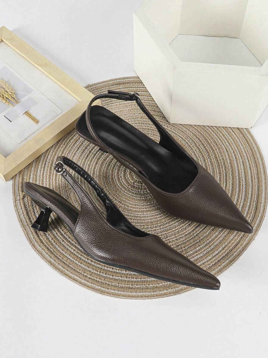 Women's Pointed Toe Slingback Mid Heel Pumps, Glossy Faux Leather Buckle Strap Kitten Heels for Work