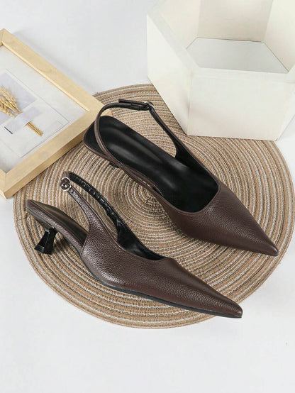 Women's Pointed Toe Slingback Mid Heel Pumps, Glossy Faux Leather Buckle Strap Kitten Heels for Work