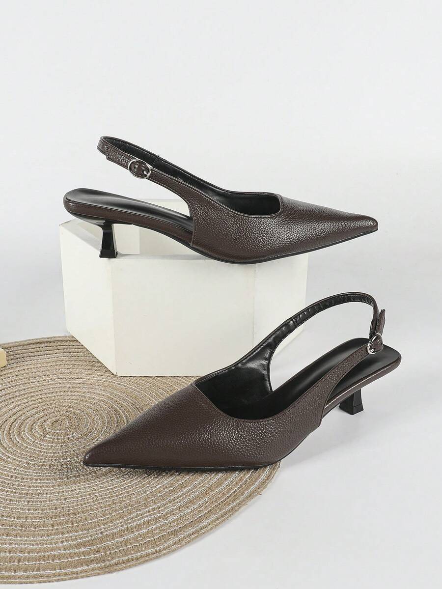 Women's Pointed Toe Slingback Mid Heel Pumps, Glossy Faux Leather Buckle Strap Kitten Heels for Work