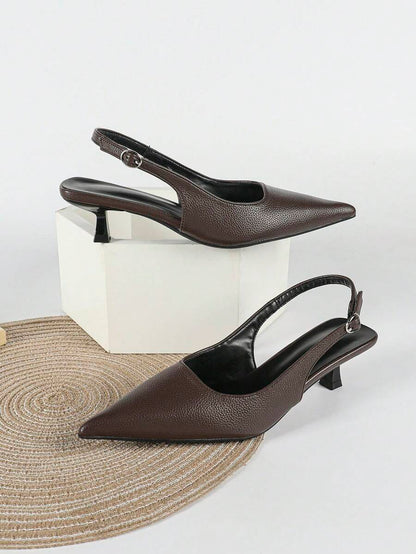 Women's Pointed Toe Slingback Mid Heel Pumps, Glossy Faux Leather Buckle Strap Kitten Heels for Work