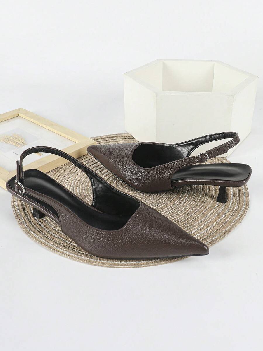 Women's Pointed Toe Slingback Mid Heel Pumps, Glossy Faux Leather Buckle Strap Kitten Heels for Work
