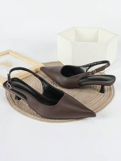 Women's Pointed Toe Slingback Mid Heel Pumps, Glossy Faux Leather Buckle Strap Kitten Heels for Work