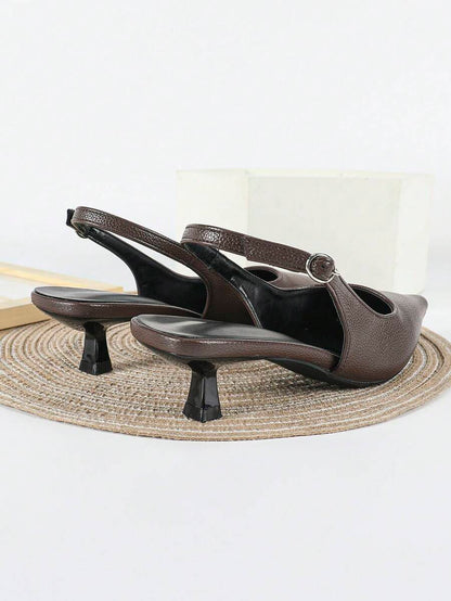 Women's Pointed Toe Slingback Mid Heel Pumps, Glossy Faux Leather Buckle Strap Kitten Heels for Work
