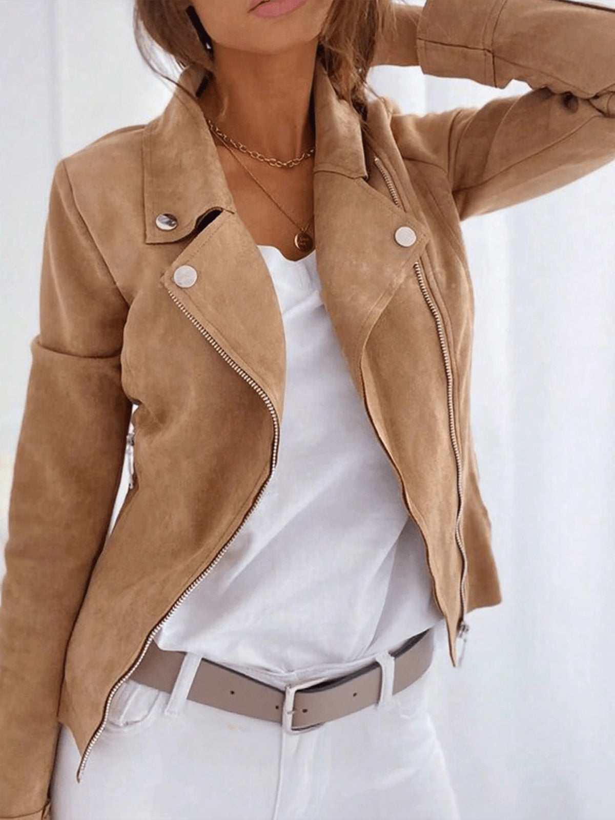 Mireille Fleece Lined Faux Suede Zip Jacket with Stand Collar - Camel