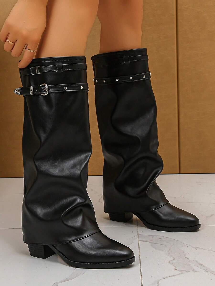 Women's Pleated Loose Boots, Fashion Thick High Heel Pointed Toe Knee-High Dress Boots, Punk Pleated Brown Boots Suitable For Daily, Festival, Versatile,Cowboy Boots Mensa