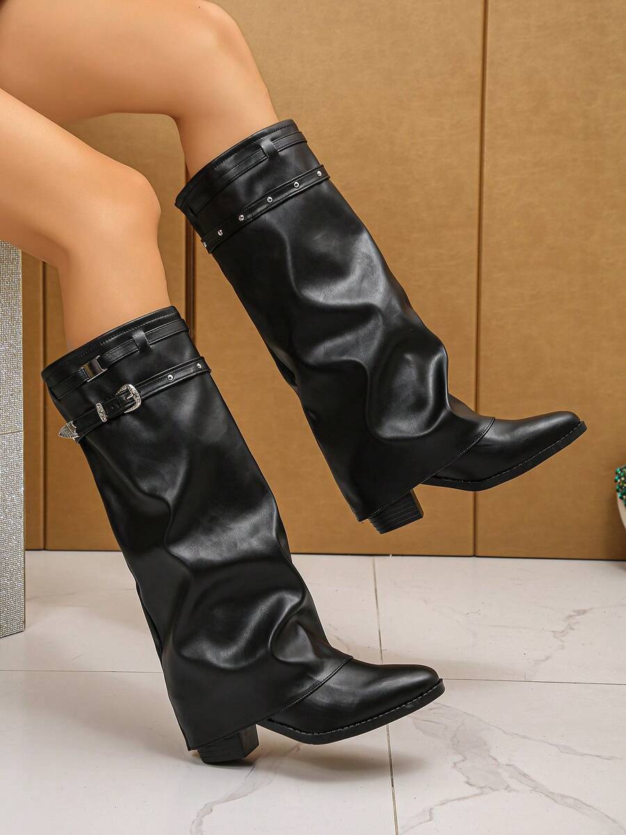 Women's Pleated Loose Boots, Fashion Thick High Heel Pointed Toe Knee-High Dress Boots, Punk Pleated Brown Boots Suitable For Daily, Festival, Versatile,Cowboy Boots Mensa