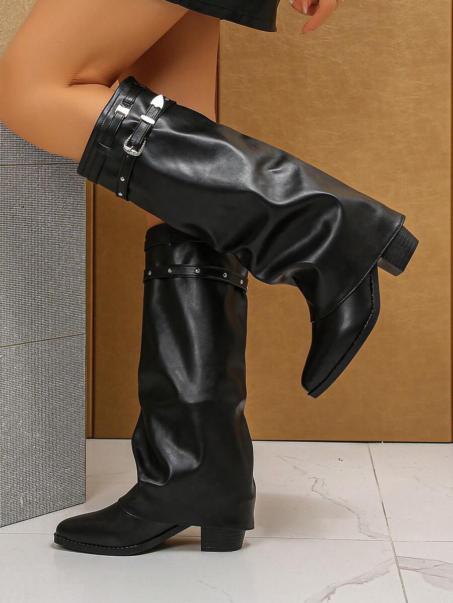 Women's Pleated Loose Boots, Fashion Thick High Heel Pointed Toe Knee-High Dress Boots, Punk Pleated Brown Boots Suitable For Daily, Festival, Versatile,Cowboy Boots Mensa