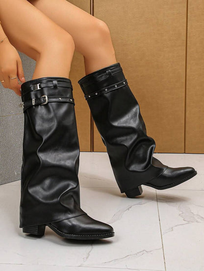 Women's Pleated Loose Boots, Fashion Thick High Heel Pointed Toe Knee-High Dress Boots, Punk Pleated Brown Boots Suitable For Daily, Festival, Versatile,Cowboy Boots Mensa